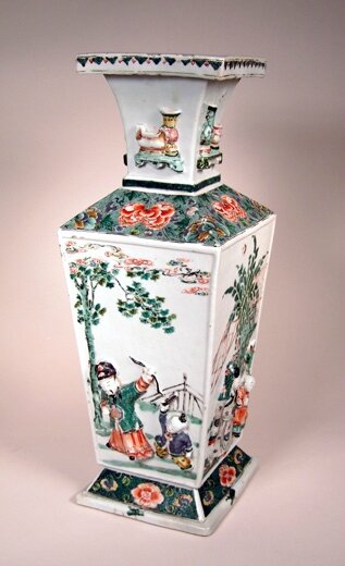 Rare Famille Verte Porcelain Quadrangular Vases (one of two illustrated)