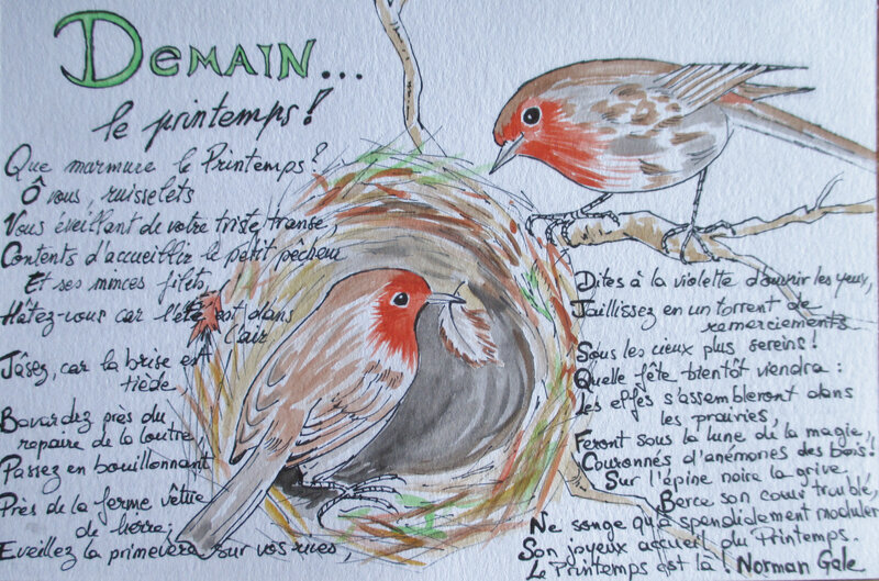 Couple rouges-gorges & nid + poème Norman Gale (illustration)