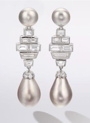 Natural Saltwater Pearl and Diamond Pendent Earrings