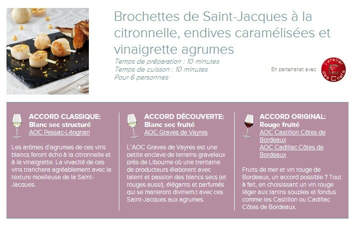 Vins de Bordeaux Brochettes de Saint-Jacques à la citronnelle, endives caramélisées et vinaigrette agrumes blog chez requia cuisine et confidences