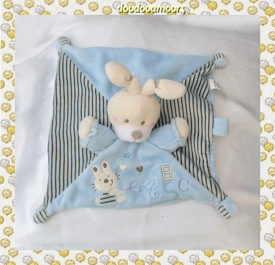 Doudou Plat Lapin Bleu Abc Rayures Attache Tétine Lapin Nicotoy