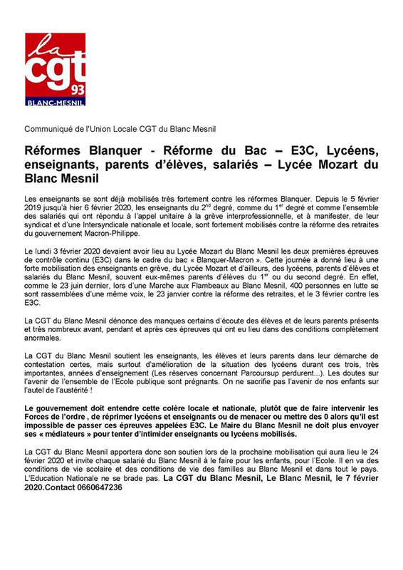 communique ul CGT du Blanc-Mesnil blanquer, retraites, bac