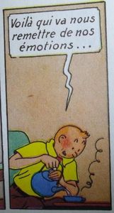 Après beaucoup d'action, Tintin se prend un p'tit thé pour se remettre de toutes ces émotions