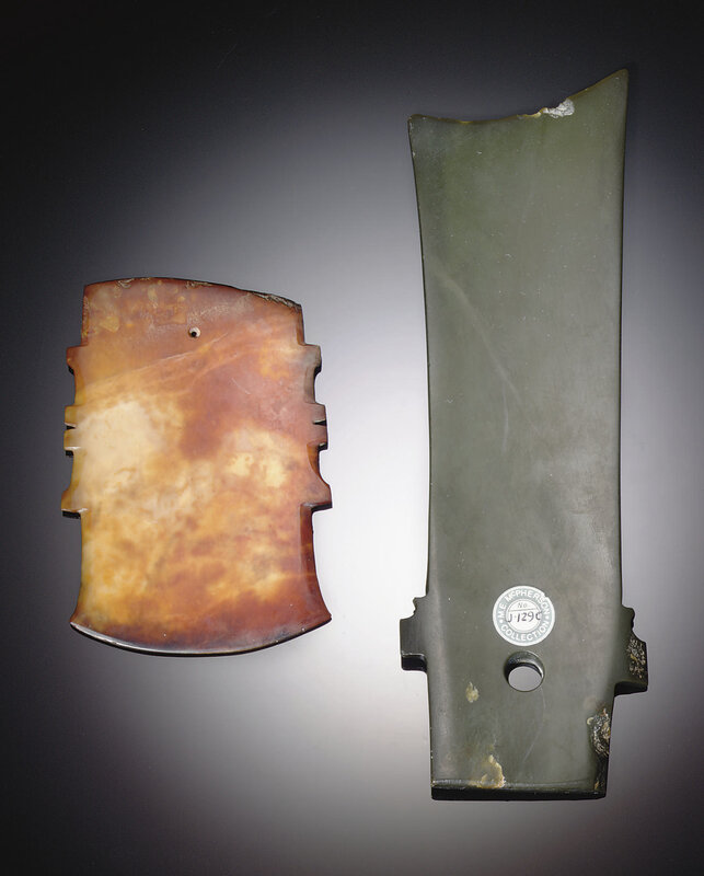 A dark green jade scepter and a russet and beige jade axe, Neolithic period-Shang dynasty, circa 2000-1000 BC