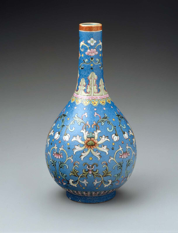 Long-necked ovoid vase with floral scroll over blue ground, Qing dynasty, Qianlong seal mark and period (1735–96), Jingdezhen ware; porcelain with overglaze enamel decoration, 25.4 cm (10 in.). Gift of Barbara D. Danielson, 1980.497 © 2018 Museum of Fine A