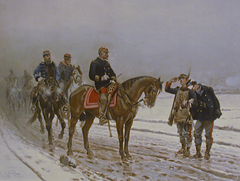 De Neuville, Général interrogeant un garde mobile souteantn un lieutenant blessé.
