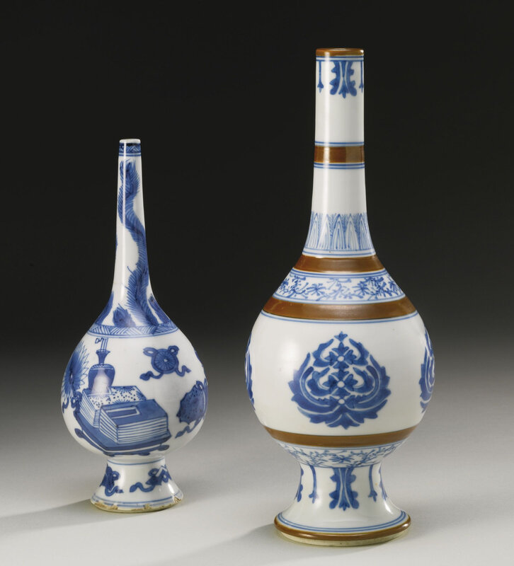 Two blue and white rosewater sprinklers, Qing dynasty, Kangxi period (1662-1722)