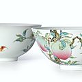 An extremely rare and superbly enamelled pair of Famille-Rose 'Peach' <b>bowls</b>, Marks and period of Yongzheng