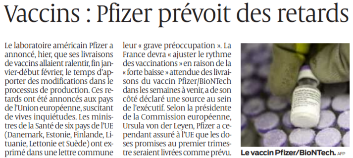 2021 01 16 SO Vaccins Pfizer prévoit des retards