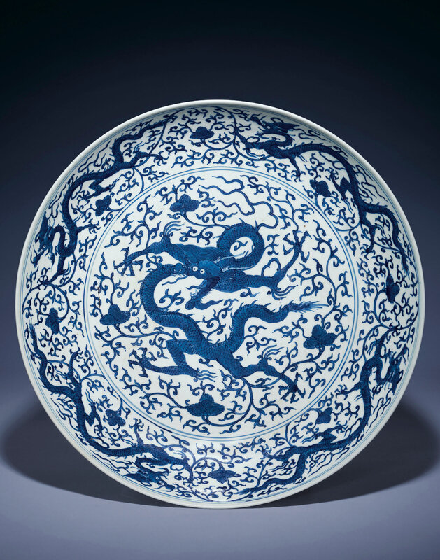 A rare blue and white 'Dragon' charger, Jiajing six-character mark in underglaze blue within a double rectangle and of the period (1522-1566)