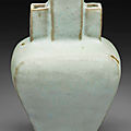 A rare small pale greenish-blue-glazed triple-necked <b>faceted</b> <b>vase</b>, Ming dynasty, 16th-17th century