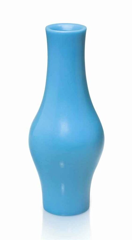 An opaque sky-blue glass 'olive'-shaped vase, Qianlong four-character wheel-cut mark within a square and of the period (1736-1795)