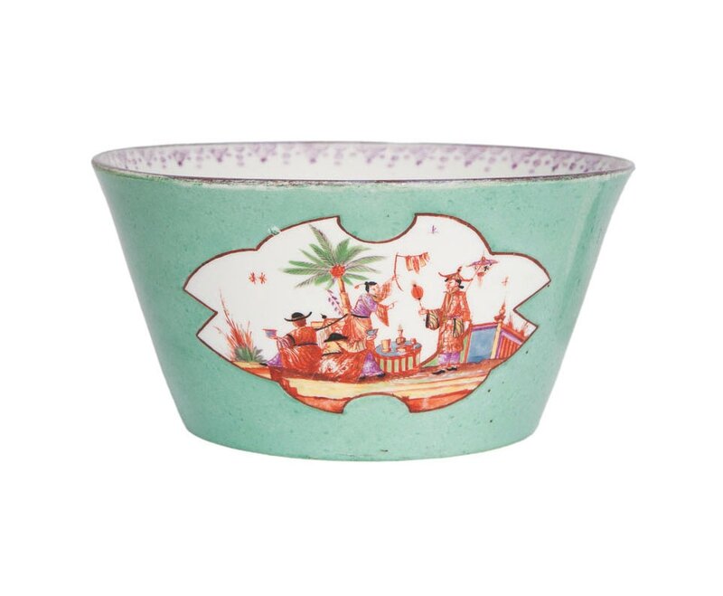 A bowl with rare sea green seladon ground and chinese figures with fans, Meissen, around 1730