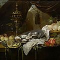Jan van den Hecke d. Ä., Still life with gold cup, Façon de Venise glassware, fruits and oysters, <b>1643</b>