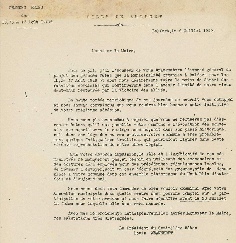 1919 07 06 Courrier Exposé projet Pdt Comité Jeanneret au Maire Houbre 0R