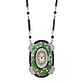 <b>Art</b> <b>Deco</b> <b>Platinum</b>, Black Onyx, Seed Pearl and Carved Jade Pendant-Watch Necklace circa 1920