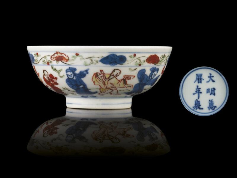 A late Ming small wucai bowl, Wanli six-character mark within double-circles and of the period (1573-1619)