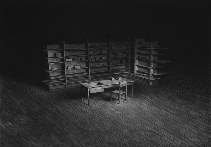 série The Collapse of Cohesion - Room III, 2014, Fusain sur papier, 73 x 51 cm