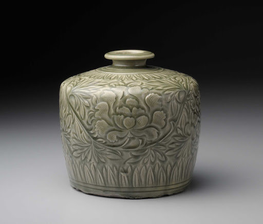 Bottle, Celadon with carved design of peony scrolls, Northern Song dynasty, 11th-12th century