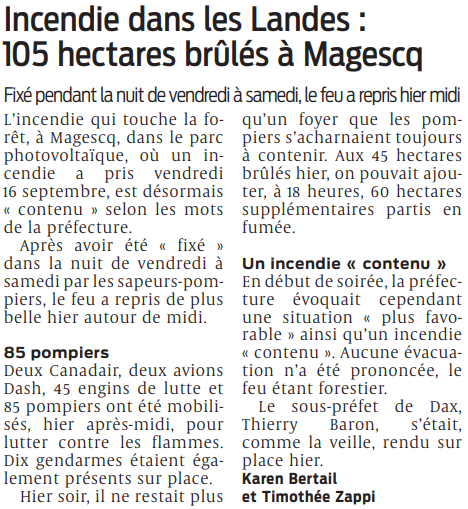 2022 09 18 SO Incendie dans les Landes 105 hectares brûlés à Magescq
