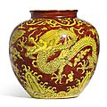 A very rare yellow-ground and iron-red decorated '<b>Dragon</b>' <b>jar</b>, Mark and period of Jiajing 