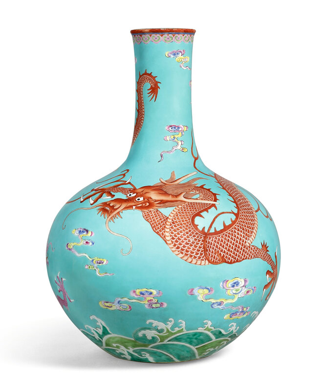 An Extremely Rare Turquoise-Ground Yangcai 'Dragon' Vase, Tianqiuping, Seal Mark and Period Of Qianlong (1736-1795)