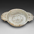 A finely carved 'chicken bone' jade 'marriage' bowl, Qianlong period (1736-1795)