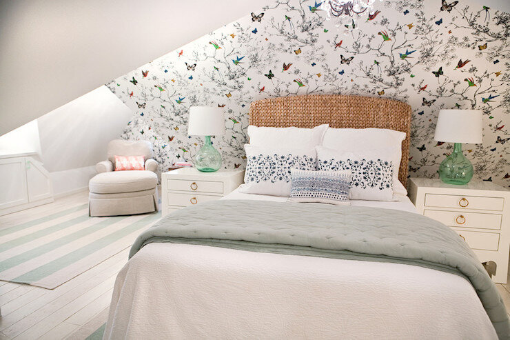 schumacher-birds-and-butterflies-wallpaper-attic-bedroom-seagrass-headboard