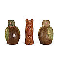 A pair of <b>brown</b> and green-<b>glazed</b> 'owl' jars and covers, and a <b>brown</b>-<b>glazed</b> pottery figure of an owl, Han dynasty