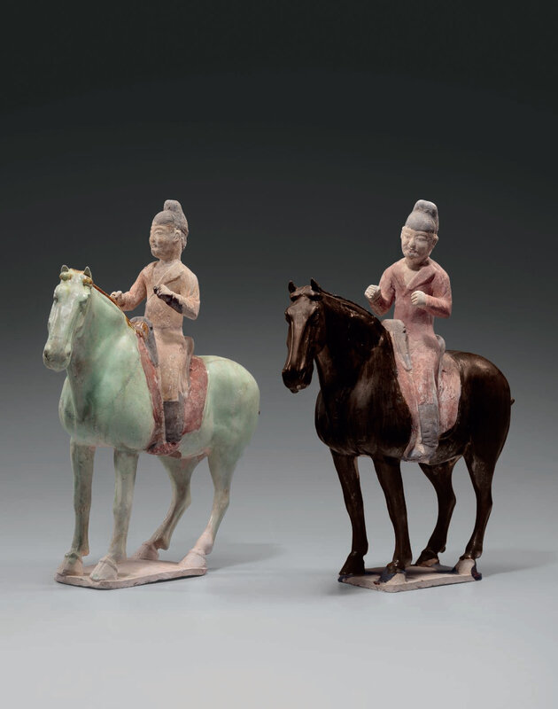 Two rare glazed and painted pottery figures of equestrians, Tang dynasty (AD 618-907) (2)