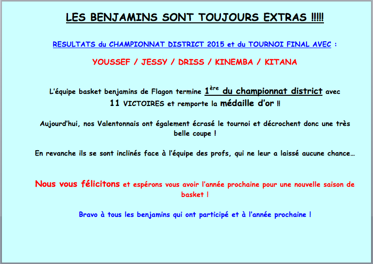 Finale tournoi Basket Benjamins