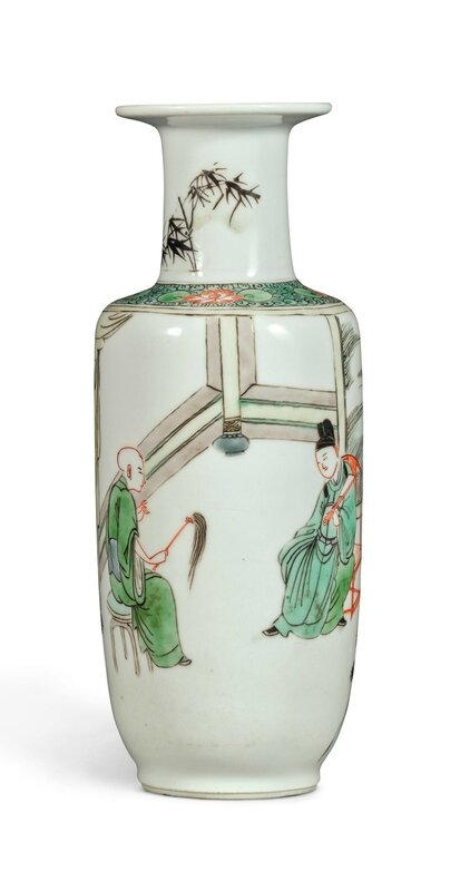 A small famille-verte 'Figural' rouleau vase, Kangxi period  (1662-1722)