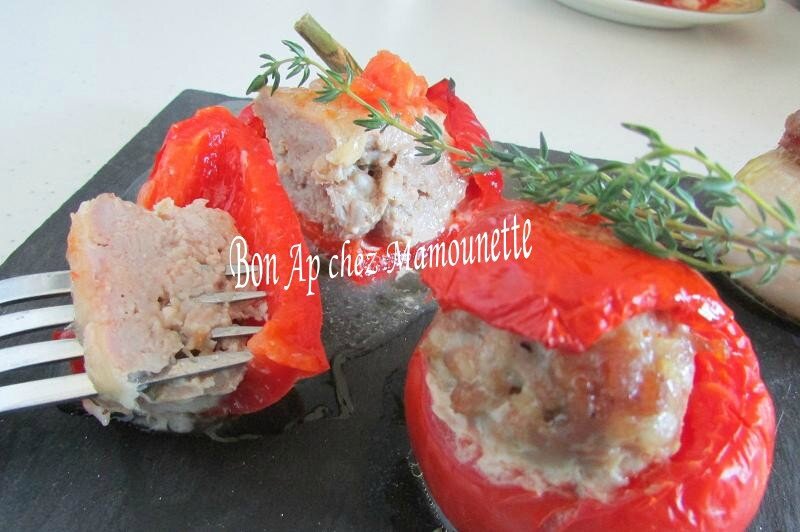 oignons rosé, poivron, tomates Bretagne, farcis à la chair mixte 020