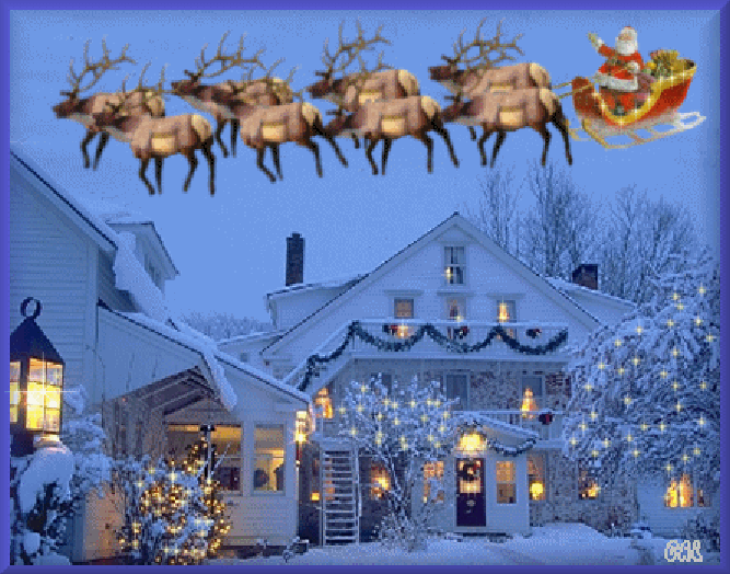 Noël attelage volant au dessus d'une maison