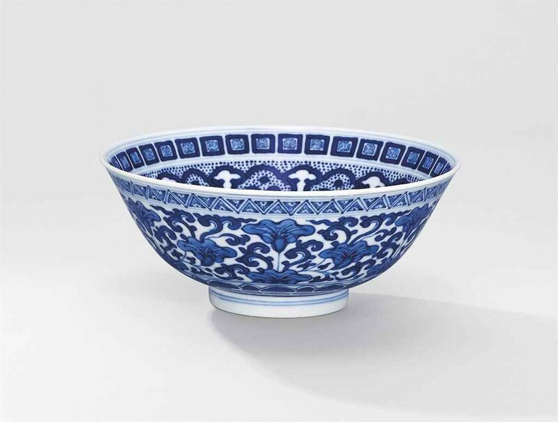 A blue and white  'floral scroll' bowl, Daoguang six-character seal mark in underglaze blue and of the period (1821-1850)