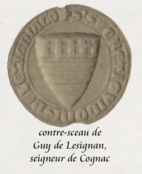 l'écu de Lesignan, burelé de sept pièces, brisé d'un lambel de cinq pendants