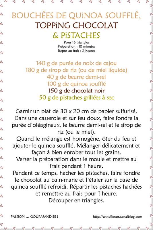 Bouchées de quinoa soufflé, topping chocolat & pistaches_fiche