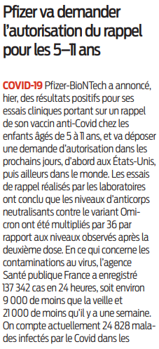 2022 04 15 SO Pfizer va demander l'autorisation du rappel pour les 5 11 ans