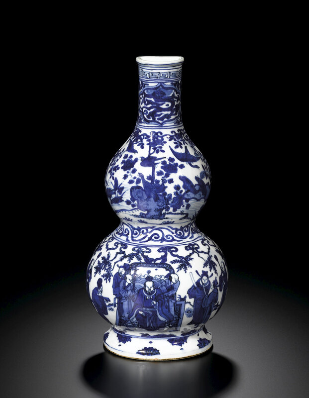 A rare blue and white double-gourd wall vase, Mark and period of Wanli