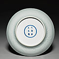 A fine moulded <b>clair</b>-de-<b>lune</b>-<b>glazed</b> dish, Yongzheng mark and period (1723-1735)