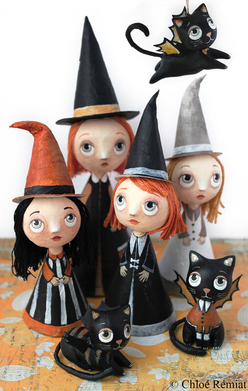 4 sorcières et mini chats d'Halloween 16 oct 2019 etsy 2