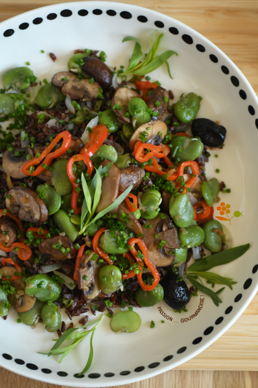 Salade riz rouge, fèves, champignons de Paris, poivron, oignon_3