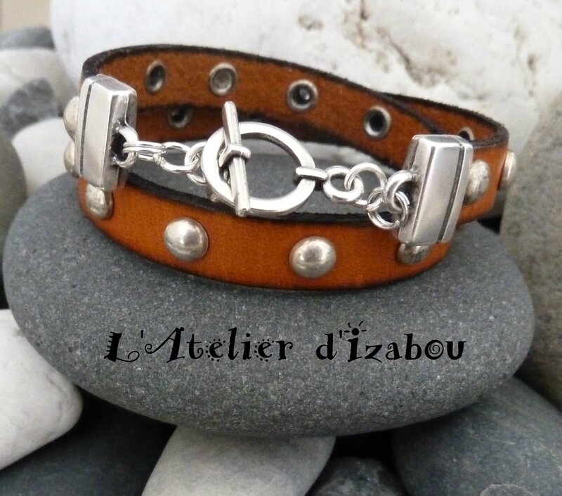P1120313 bracelet masculin feminin cuir clouté orange et fermoir toggle rond en métal argenté