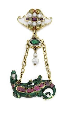 A 19th century and later gem-set and enamel salamander brooch