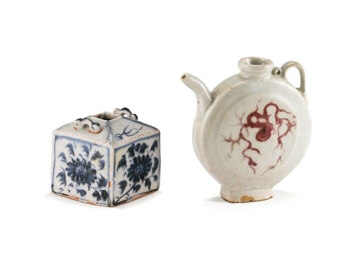 A blue and white 'chrysanthemum' waterpot and a underglaze-red ewer, Yuan dynasty