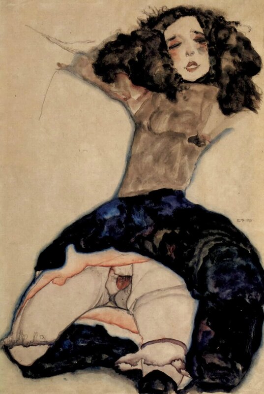 Fille aux cheveux noirs sans jupe, 1911 par Egon Schiele