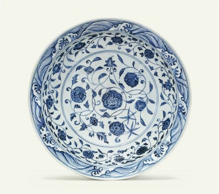 A large rare blue and white 'floral scroll' dish, Yongle period (1403-1424)