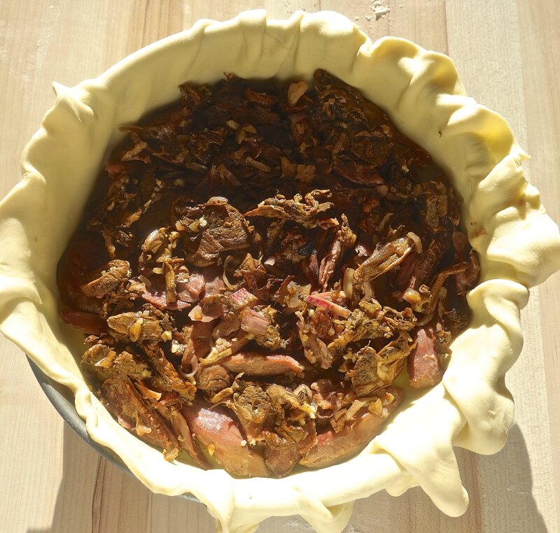 tourte au confit de canard, au foie gras, aux pommes de terre, aux cèpes, etc...