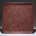 A rare large carved cinnabar lacquer square dish, Ming dynasty (1368-1644)