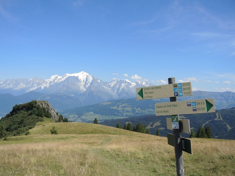 Cordon, randonnée belvédère, chalets des Bénés, panneaux et Mont Blanc (74)